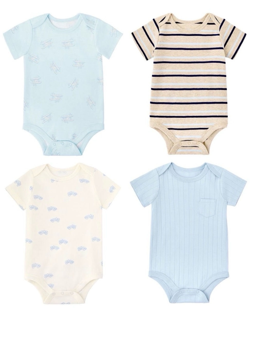 4-Pack Baby One-Piece Bodysuits in Light Blue, Cream & Beige Stripes